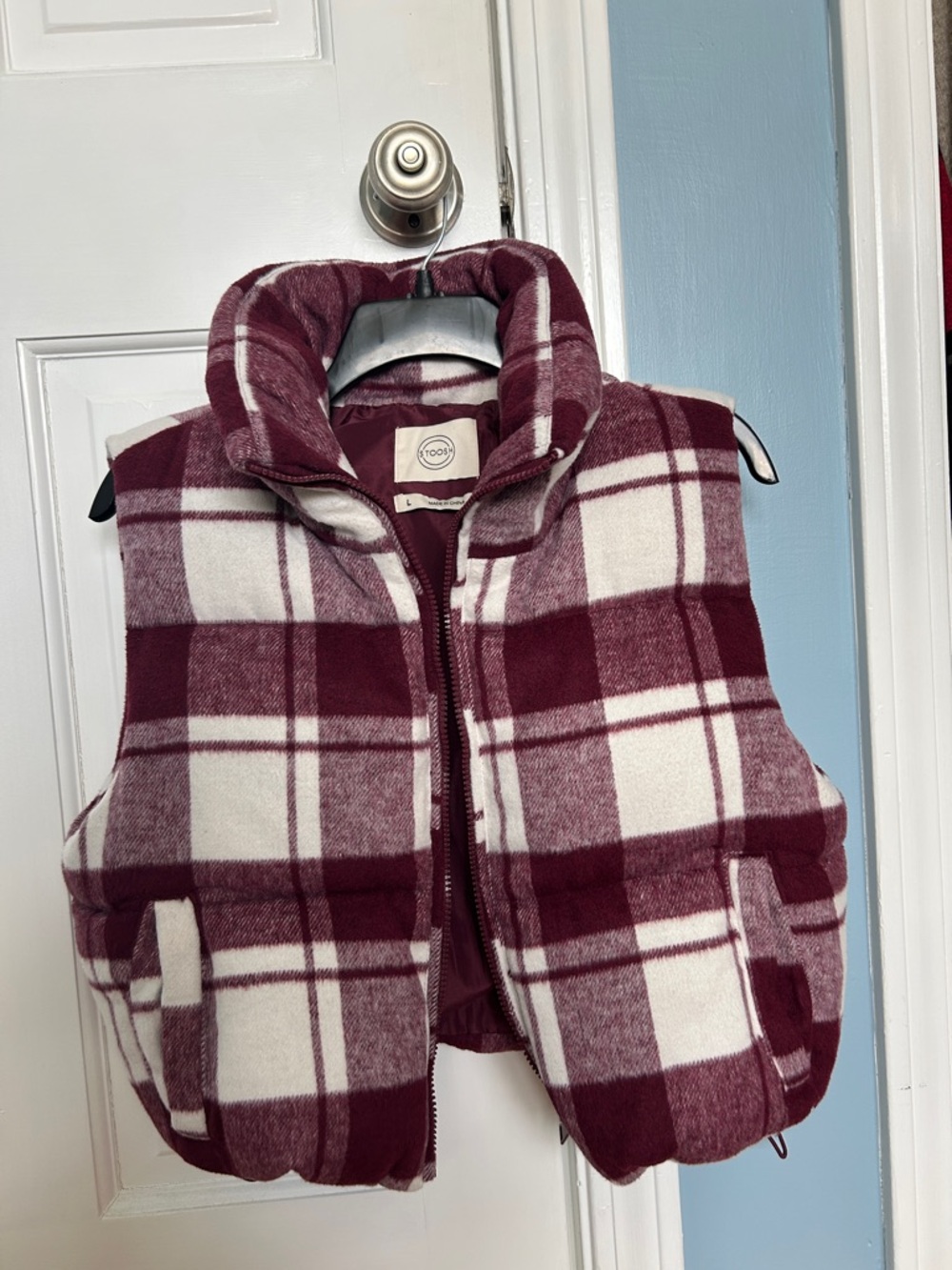Maroon and White Plaid Puffer Vest